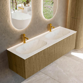 Mondiaz KURVE-DLUX Ensemble de meuble salle de bain - 150x46x40cm - 2 tiroirs - lavabo en solid surface - double - 2 trous de robinet - Dusk