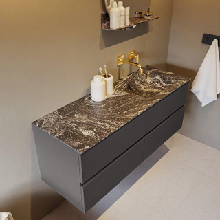 Mondiaz VICA-DLUX ensemble de meuble de salle de bain - 130cm - meuble sous-vasque gris foncé - 4 tiroirs - lavabo encastré cloud droite - sans trous de robinet - version haute de 60cm - lave