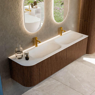 MONDIAZ KURVE 165cm Meuble salle de bain avec module 25 G - couleur Walnut - 2 tiroirs - 1 porte - vasque BIG SMALL double / droite - 2 trous de robinet - Talc