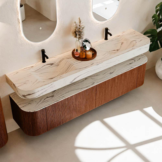 MONDIAZ THOR-DLUX 200cm meuble de salle de bains arrondi gauche + droite couleur Ruby avec 2 tiroirs et 2 portes. Vasque suspendue CLOUD Double 2 trous de robinet couleur Nata.