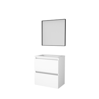 Basic-Line meuble de salle de bain 39 encadré ensemble 60x39cm sans poignée 2 tiroirs vasque acrylique 1 trou de robinetterie miroir noir mat cadre aluminium tout autour mdf laqué blanc glacier