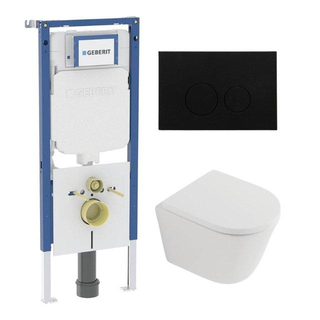 QeramiQ Dely Toiletset - 36.3x51.7cm - diepspoel - rimless - Geberit UP720 inbouwreservoir - softclose toilet zitting 35 mm - kunststof mat zwarte bedieningsplaat - ronde knoppen - mat wit
