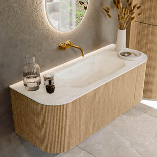 MONDIAZ KURVE-DLUX 120cm Meuble salle de bain avec module 25 G et D - couleur Oak - 1 tiroir - 2 portes - vasque BIG SMALL centre - sans trou de robinet - couleur Ostra