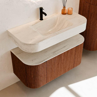 MONDIAZ THOR-DLUX 100cm meuble de salle de bains arrondi gauche + droite couleur Ruby avec 1 tiroir et 2 portes. Vasque suspendue CLOUD Milieu 1 trou de robinet couleur Meli.