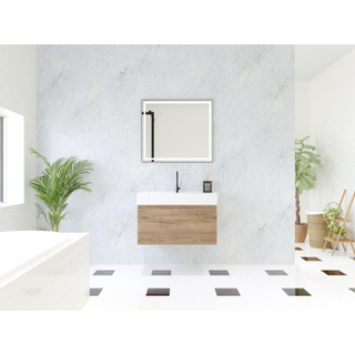 HR Matrix ensemble meuble de salle de bain 3d 80cm 1 tiroir sans poignée avec bandeau en coloris chêne français avec vasque kube 1 trou robinet blanc