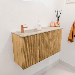 Mondiaz JOYA-DLUX 81.6cm toiletmeubel - ronding rechts kleur Oak - Wastafel FAYE positie Links 1 kraangat kleur Frappe.