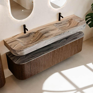 MONDIAZ THOR-DLUX 170cm meuble de salle de bains arrondi gauche + droite couleur Walnut avec 1 tiroir et 2 portes. Vasque suspendue CLOUD Double 2 trous de robinet couleur Sombra.