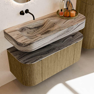 MONDIAZ THOR-DLUX Meuble de salle de bains 110cm arrondi gauche + droite couleur Dusk avec 1 tiroir et 2 portes. Vasque suspendue CLOUD Gauche sans trou de robinet couleur Sombra.