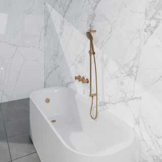 Fortifura Nebbio Badcombinatie-set - thermostaatkraan - glijstang met geïntegreerde wandaansluitbocht - gladde doucheslang - ronde handdouche - badvulcombinatie - geborsteld messing PVD (goud)