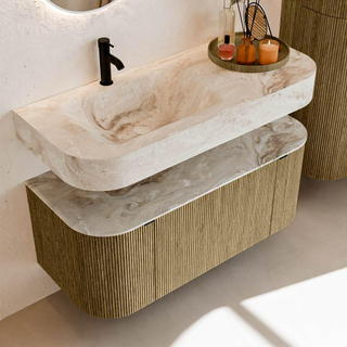 MONDIAZ THOR-DLUX Meuble de salle de bains 110cm arrondi gauche + droite couleur Dusk avec 1 tiroir et 2 portes. Vasque suspendue CLOUD Gauche 1 trou de robinet couleur Frappe.