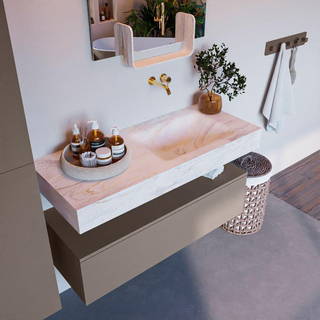 Mondiaz ALAN-DLUX Ensemble de meuble - 110cm - meuble Smoke mat - 1 tiroir - Lavabo Cloud Ostra suspendu - vasque Droite - 0 trous de robinet