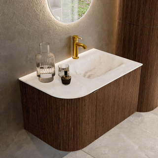 MONDIAZ KURVE-DLUX 75cm Meuble salle de bain avec module 25 G - couleur Walnut - 1 tiroir - 1 porte - vasque GRUNNE droite - 1 trou de robinet - couleur Frappe