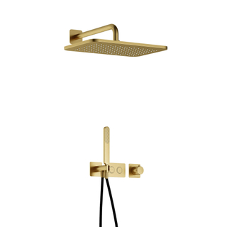 Hotbath Gal Complete doucheset inbouw - thermostatisch - 2 pushbuttons - 35cm wandarm - 27cm rechtoekige hoofddouche - staafhanddouche - messing geborsteld PVD