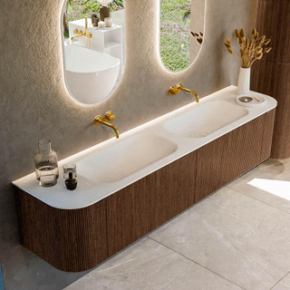 MONDIAZ KURVE 200cm Meuble salle de bain avec module 25 G et D - couleur Walnut - 2 tiroirs - 2 portes - vasque BIG SMALL double - sans trous de robinet - Talc
