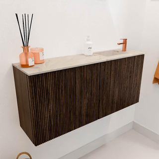 Mondiaz JOYA-DLUX 90cm meuble de toilette - couleur Walnut - Vasque FAYE position Droite 1 trou de robinet couleur Frappe.