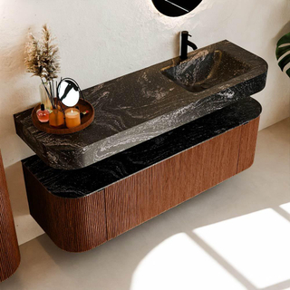 MONDIAZ THOR-DLUX 150cm meuble de salle de bains arrondi gauche + droite couleur Ruby avec 1 tiroir et 2 portes. Vasque suspendue CLOUD Droite 1 trou de robinet couleur Lava.