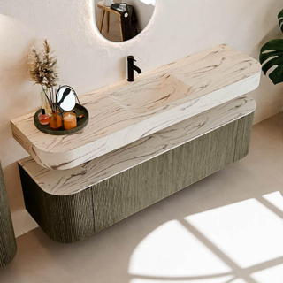 MONDIAZ THOR-DLUX 170cm meuble de salle de bains arrondi gauche + droite couleur Shadow avec 1 tiroir et 2 portes. Vasque suspendue CLOUD Milieu 1 trou de robinet couleur Nata.