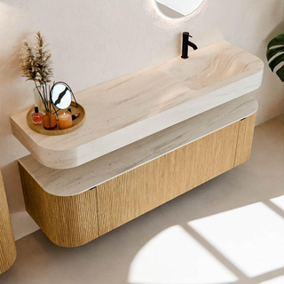 MONDIAZ THOR-DLUX 160cm meuble de salle de bains arrondi gauche + droite couleur Oak avec 1 tiroir et 2 portes. Vasque suspendue CLOUD droite 1 trou de robinet couleur Meli.