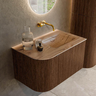 MONDIAZ KURVE-DLUX 75cm badmeubel ronding Links kleur Walnut met 1 lade en 1 deur. Wastafel GRUNNE Rechts zonder kraangat Arena.