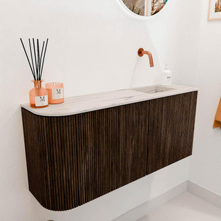 Mondiaz JOYA-DLUX 91.6cm toiletmeubel - ronding links kleur Walnut - Wastafel FAYE positie Rechts Zonder kraangat kleur Nata.