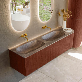 MONDIAZ KURVE-DLUX 165cm badmeubel ronding Rechts kleur Ruby met 2 lades en 1 deur. Wastafel STOR SMALL Dubbel / Links zonder kraangat Oza.