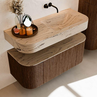 MONDIAZ THOR-DLUX 110cm badmeubel ronding links + rechts kleur Walnut met 1 lade en 2 deuren. Vrijhangende wastafel CLOUD Rechts zonder kraangat kleur Arena.