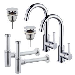 FugaFlow Eccelente Sobrado Kit robinet lavabo - pour double vasque - robinet haut - bec rotatif - bonde clic clac - siphon design - Chrome brillant
