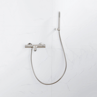 FugaFlow Eccelente Sobrado Robinet de baignoire thermostatique avec douchette stick, support et flexible lisse Inox brossé PVD