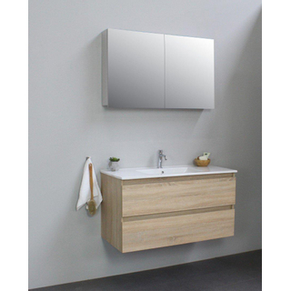 Basic Bella Meuble avec lavabo céramique avec 1 trou de robinet et armoire de toilette à 2 portes grise100x55x46cm Flat Pack Chêne