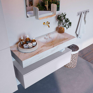 Mondiaz ALAN-DLUX Ensemble de meuble - 110cm - meuble Cale mat - 1 tiroir - Lavabo Cloud Frappe suspendu - vasque Droite - 0 trous de robinet
