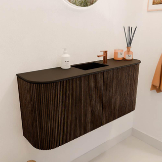 Mondiaz JOYA 93.2cm toiletmeubel - ronding links en rechts kleur Walnut - Wastafel FAYE positie Midden 1 kraangat kleur Urban.