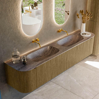 MONDIAZ KURVE-DLUX 200cm badmeubel ronding Links + Rechts kleur Dusk met 2 lades en 2 deuren. Wastafel STOR SMALL Dubbel zonder kraangat Oza.