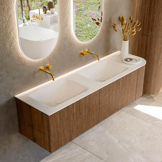 MONDIAZ KURVE 155cm Meuble salle de bain avec module 25 D - couleur Walnut - 2 tiroirs - 1 porte - vasque CLOUD double / gauche - sans trous de robinet - Talc