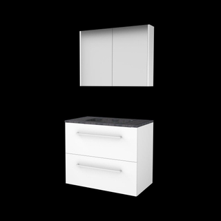 Basic-Line Comfort 46 ensemble de meubles de salle de bain 80x46cm avec poignées 2 tiroirs pierre dure lavabo 0 trous de robinetterie armoire de toilette mdf laqué blanc glacier