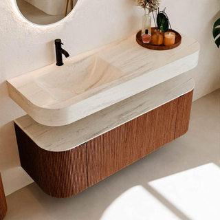 MONDIAZ THOR-DLUX 130cm meuble de salle de bains arrondi gauche + droite couleur Ruby avec 1 tiroir et 2 portes. Vasque suspendue CLOUD Gauche 1 trou de robinet couleur Meli.