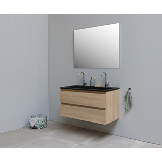 Basic Bella Meuble salle de bains avec lavabo acrylique Noir avec miroir 100x55x46cm 2 trous de robinet Chêne