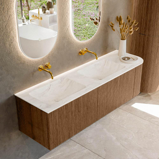 MONDIAZ KURVE-DLUX 155cm Meuble salle de bain avec module 25 D - couleur Walnut - 2 tiroirs - 1 porte - vasque LEAF double / gauche - sans trou de robinet - couleur Ostra