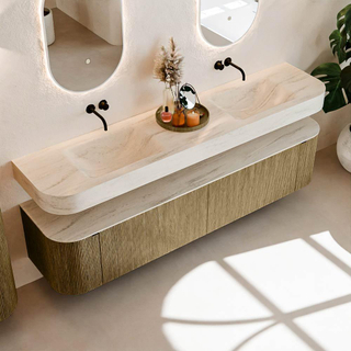 MONDIAZ THOR-DLUX Meuble de salle de bains - 200cm - arrondi gauche + droite - couleur Dusk - 2 tiroirs - 2 portes - Vasque suspendue CLOUD Double sans trou de robinet - couleur Meli