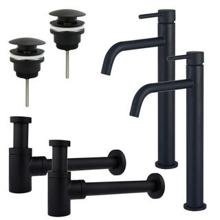 FugaFlow Eccelente Sobrado Slim Kit robinet lavabo - pour double vasque - robinet rehaussé - bonde clic clac - siphon design bas - Noir mat