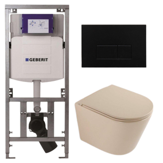 QeramiQ Dely Pack WC - 36,3x51,7cm - à fond creux - sans bride - réservoir encastré Geberit UP320 - abattant WC à fermeture douce - plaque de déclenchement en métal noir mat - boutons rectangulaires - beige mat