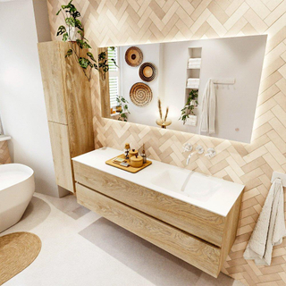 MONDIAZ VICA 150cm badmeubel onderkast Washed Oak 2 lades. Wastafel CLOUD rechts zonder kraangat, kleur Talc.