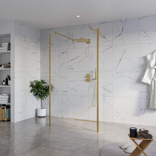 FugaFlow Eccelente Vetro Vrijstaande inloopdouche badkamer - 110x200cm - Helder - antikalk - 8mm veiligheidsglas - 2 zijwanden 30cm - met wandarmen en hoekprofielen - Messing geborsteld (goud) -