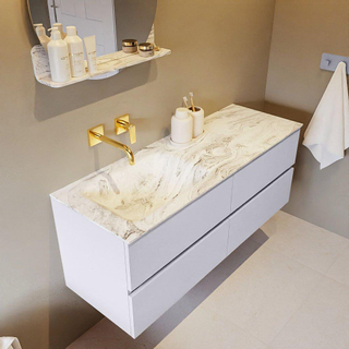 Mondiaz VICA-DLUX ensemble de meuble de salle de bain - 130cm - meuble sous-vasque cale - 4 tiroirs - lavabo encastrée cloud gauche - sans trous de robinet - version haute de 60cm - glace