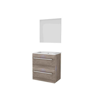 Basic-Line Ultimate 39 ensemble de meubles de salle de bain 60x39cm avec poignées 2 tiroirs lavabo en porcelaine 1 trou de robinetterie miroir éclairage mfc scotch oak