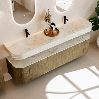 MONDIAZ THOR-DLUX Meuble de salle de bains 190cm arrondi gauche + droite couleur Dusk avec 2 tiroirs et 2 portes. Vasque suspendue CLOUD Double 2 trous de robinet couleur Ostra.