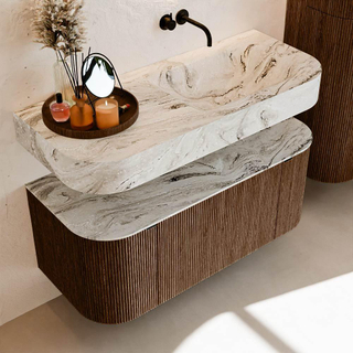 MONDIAZ THOR-DLUX 110cm meuble de salle de bains arrondi gauche + droite couleur Walnut avec 1 tiroir et 2 portes. Vasque suspendue CLOUD Droite sans trou de robinet couleur Glace.