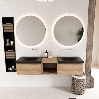 Mondiaz bukla ensemble de meubles de bain 160x45x34cm 0 robinetterie 2 lavabos surface solide urbaine sans poignée 2 tiroirs avec fermeture douce mélamine chêne lavé