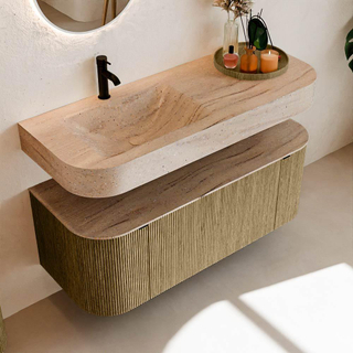 MONDIAZ THOR-DLUX 120cm meuble de salle de bains arrondi gauche + droite couleur Dusk avec 1 tiroir et 2 portes. Vasque suspendue CLOUD Gauche 1 trou de robinet couleur Saba.