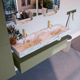 Mondiaz ALAN-DLUX Ensemble de meuble - 150cm - meuble Army mat - 1 tiroir - Lavabo Cloud Glace suspendu - vasque Gauche et droite - 2 trous de robinet