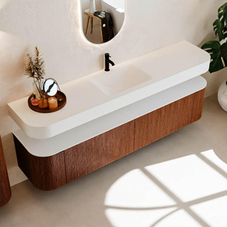 MONDIAZ THOR 200cm meuble de salle de bains arrondi gauche + droite couleur Ruby avec 2 tiroirs et 2 portes. Vasque suspendue CLOUD Milieu 1 trou de robinet couleur Talc.